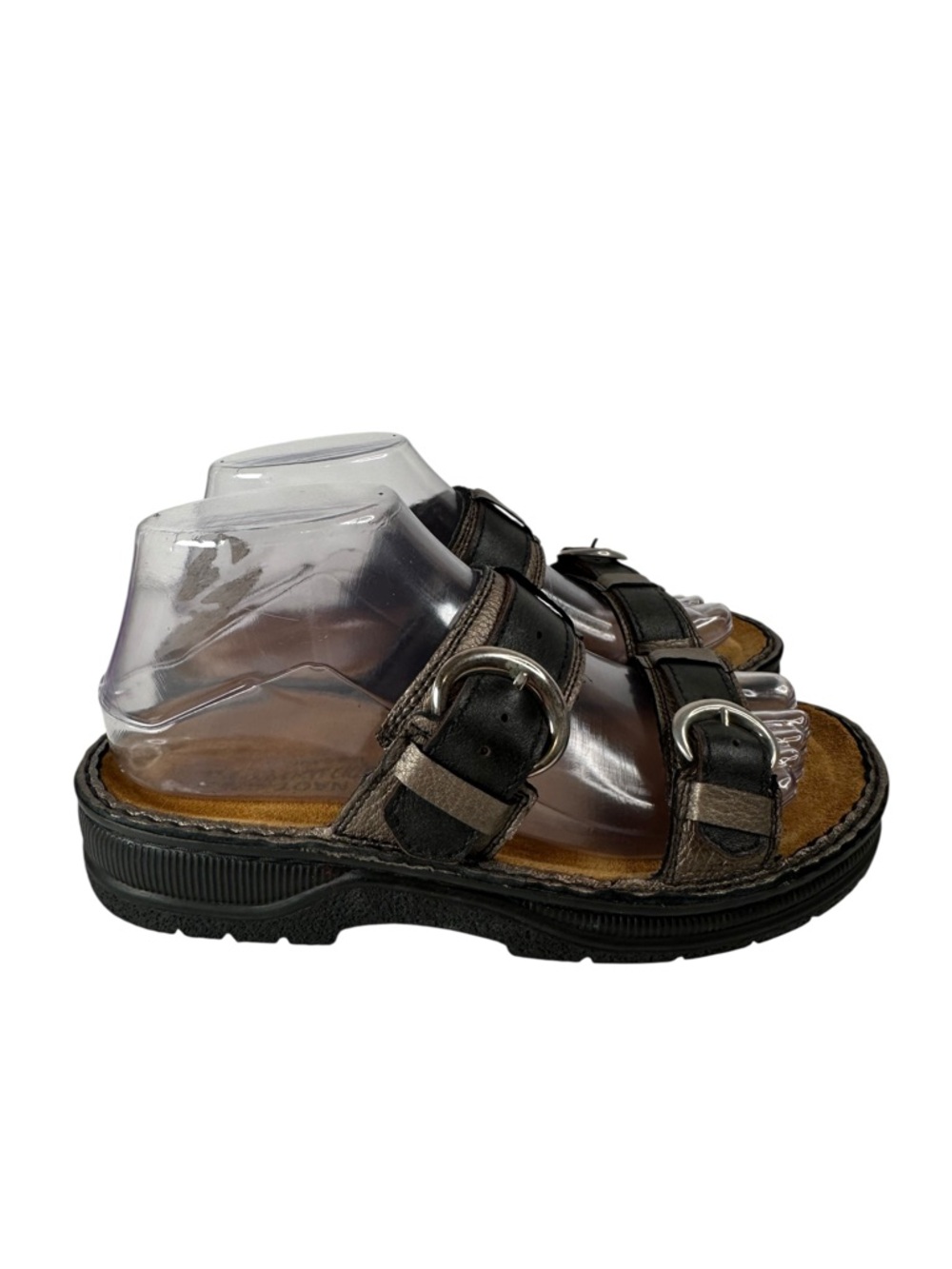Naot Leather Slide Sandals Double Buckle Brown Black Footbed Womens 6